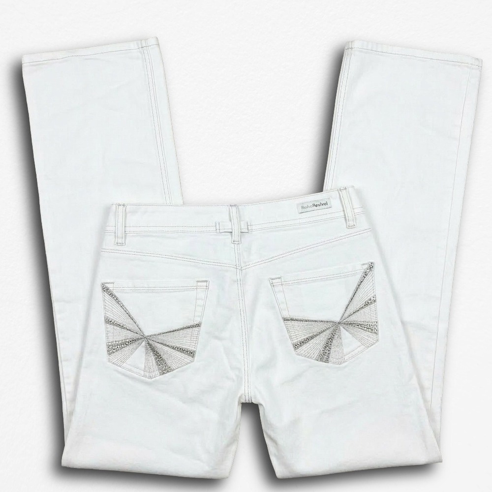 Cache White Embellished Bootcut Jeans Rhinestone Back Pocket Women Size 6